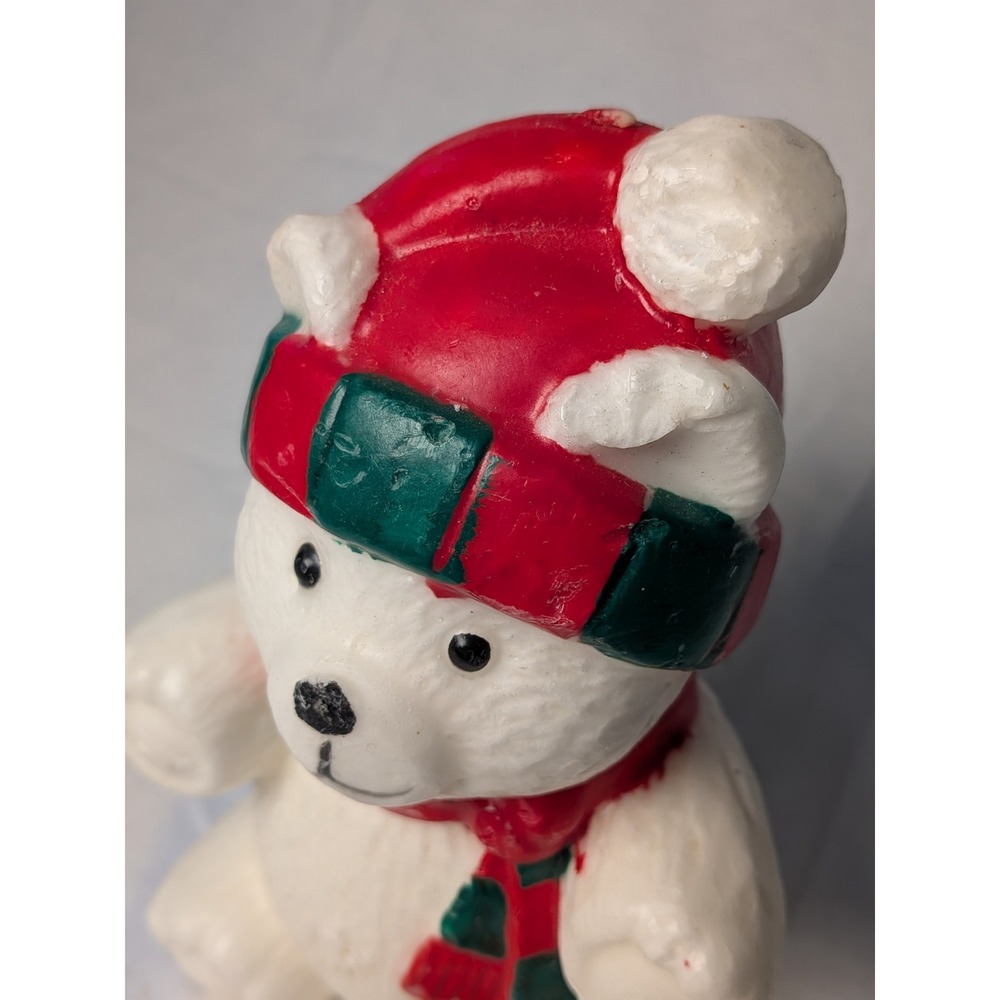 Vintage Christmas Polar Bear Wax Figurine Red Green Scarf Hat Holiday Decor - Picture 3 of 8